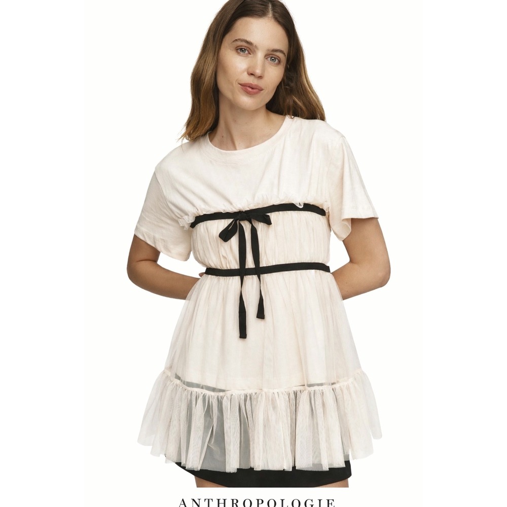 Anthropologie Pink Tulle Overlay T-Shirt‎ Tunic Black Ribbon Bow Top Large NWT
